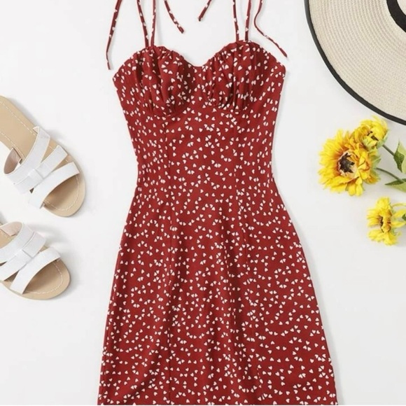 Ditsy Heart Tie Shoulder Spaghetti Strap Sleeveless Ruched Red White Dress Sz 6 - Picture 1 of 9
